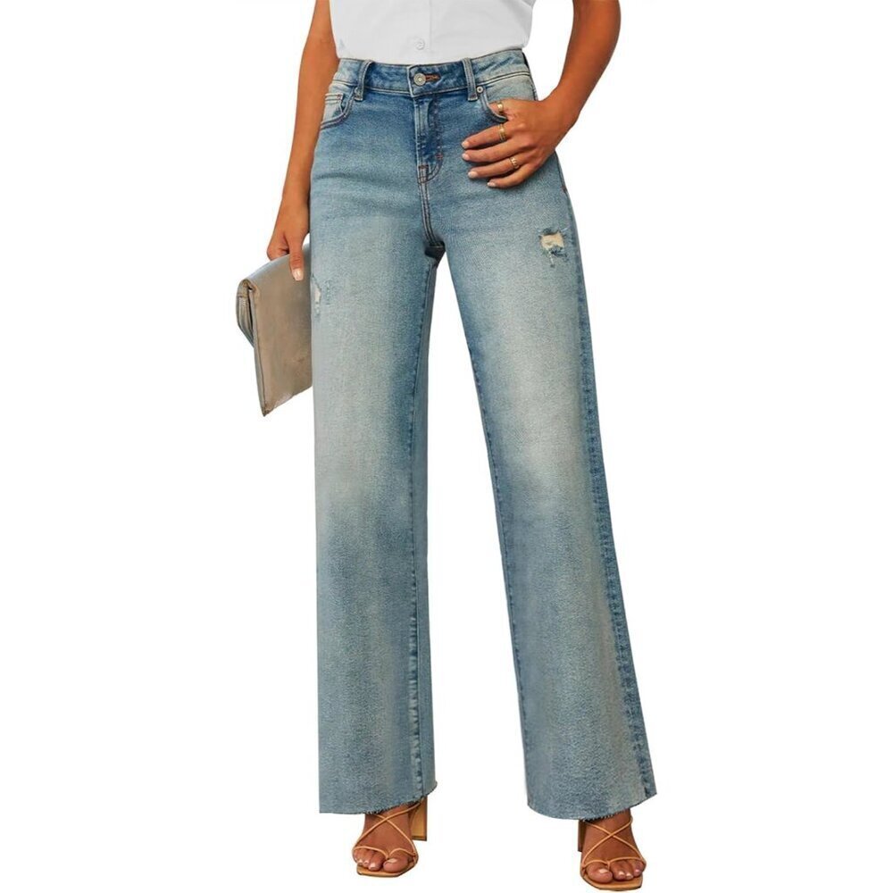 Wide Leg Women Jeans Cotton Blend High Waist Casual Stylish Trendy